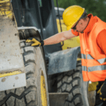 Teknisi mengecek tekanan ban alat berat